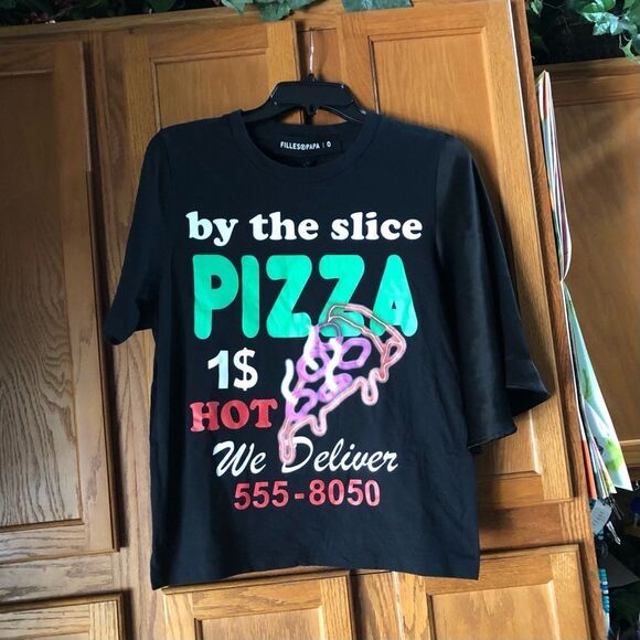 NWT Filles A Papa Pizza Graphic Tee with Satin Sleeve - 0 - Picture 2 of 16